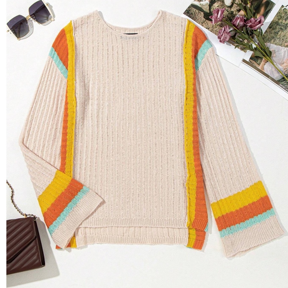 03 Cozy Color Block Loose Fit Sweater Top - Picture 6 of 8